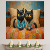 Painting of Two Cute Black Cats Sitting Side by Side on a Colorful Bed Wearing Pajamas with Big Yellow Eyes in a Cozy Bedroom Scene with Warm Painted Textures on Ready to Hang 1.5" Thick Canvas Wrap, Floating Framed Canvas, Flat Rolled Canvas