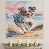 Watercolor Painting of a Playful Dog Running on the Beach with Ocean Waves and Pink Sunset in a Fun Coastal Scene on Ready to Hang 1.5" Thick Canvas Wrap, Floating Framed Canvas, Flat Rolled Canvas
