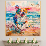 Vibrant Watercolor Dog Splashing on Beach with Birds and Ocean in Energetic Coastal Animal Art for Pet Lovers on Ready to Hang 1.5" Thick Canvas Wrap, Floating Framed Canvas, Flat Rolled Canvas