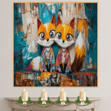 Whimsical Painting of Two Cute Foxes with Big Eyes in Colorful Pajamas Sitting Side by Side Against a Bold Abstract Background in Teal and Orange on Ready to Hang 1.5" Thick Canvas Wrap, Floating Framed Canvas, Flat Rolled Canvas