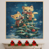 Two Baby Foxes in Scarves Holding Cocoa on Christmas Tree Surrounded by Ornaments and Lights in Winter Night Scene Holiday Art Print for Cozy Decor on Ready to Hang 1.5" Thick Canvas Wrap, Floating Framed Canvas, Flat Rolled Canvas