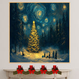 A Surreal Night Scene of a Glowing Christmas Tree with Gifts on Ready to Hang 1.5" Thick Canvas Wrap, Floating Framed Canvas, Flat Rolled Canvas
