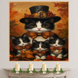 Autumn Elegance: Tuxedo Cat Mom and Three Kittens with Orange Ribbon on Ready to Hang 1.5" Thick Canvas Wrap, Floating Framed Canvas, Flat Rolled Canvas