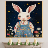 Adorable White Bunny in Floral Overalls Hand Painted Art Magical Starry Night Scene Perfect for Nursery Kids Room Home Wall Decor Bedroom or Gift on Ready to Hang 1.5" Thick Canvas Wrap, Floating Framed Canvas, Flat Rolled Canvas