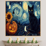 Black Cat Halloween Night – Spooky Pumpkin Patch Wall Art with Ghosts and Sunflowers on Ready to Hang 1.5" Thick Canvas Wrap, Floating Framed Canvas, Flat Rolled Canvas
