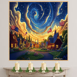 4th of July Independence Day Folk Artwork Freedon Under the Stars Wall Art – Decorative Patriotic on Ready to Hang 1.5" Thick Canvas Wrap, Floating Framed Canvas, Flat Rolled Canvas