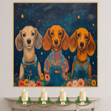 Whimsical Trio of Dachshund Dogs in Overalls and Floral Shirts Under Stars Fun and Cheerful Pet Wall Decor for Bedroom Nursery or Gift for Dog Lovers on Ready to Hang 1.5" Thick Canvas Wrap, Floating Framed Canvas, Flat Rolled Canvas