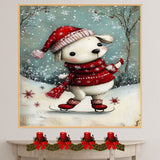 Whimsical Christmas Dog Ice Skating in Red Hat and Scarf Winter Art Print or Canvas for Festive Holiday Decor on Ready to Hang 1.5" Thick Canvas Wrap, Floating Framed Canvas, Flat Rolled Canvas