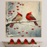 Elegant Retro Painting of Two Red Cardinals on a Snowy Branch with Winter Berries Perfect for Christmas Decor or Seasonal Nature Inspired Gift on Ready to Hang 1.5" Thick Canvas Wrap, Floating Framed Canvas, Flat Rolled Canvas