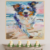 Energetic Multicolor Dog Running on Beach in Watercolor with Ocean Waves and Sky for Pet Lovers and Coastal Wall Art on Ready to Hang 1.5" Thick Canvas Wrap, Floating Framed Canvas, Flat Rolled Canvas