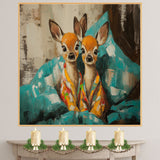 Painting of Two Adorable Deer in Colorful Pajamas Sitting Together on a Bed with Big Eyes Surrounded by Soft Pillows in a Cozy Whimsical and Playful Setting on Ready to Hang 1.5" Thick Canvas Wrap, Floating Framed Canvas, Flat Rolled Canvas