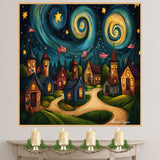 4th of July Fireworks, Flags, Stars & Swirled Sky Village Scene – Decorative Patriotic on Ready to Hang 1.5" Thick Canvas Wrap, Floating Framed Canvas, Flat Rolled Canvas