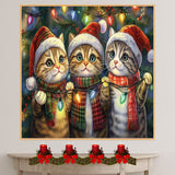 Painting of Three Cute Christmas Cats Wearing Santa Hats and Scarves Holding Colorful Holiday Lights with a Festive Pine Tree Background and Cheerful Expressions on Ready to Hang 1.5" Thick Canvas Wrap, Floating Framed Canvas, Flat Rolled Canvas