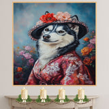 Graceful Beauty: Siberian Husky in a Delicate Flowery Kimono and Hat on Ready to Hang 1.5" Thick Canvas Wrap, Floating Framed Canvas, Flat Rolled Canvas