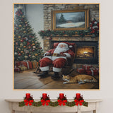 Santa Claus Sitting in a Rocking Chair Beside Fireplace and Christmas Tree with Gifts and Orange Cat in a Warm Holiday Living Room with Garland and Framed Snowy Art on Ready to Hang 1.5" Thick Canvas Wrap, Floating Framed Canvas, Flat Rolled Canvas