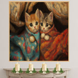 Painting of Two Adorable Kittens Wrapped in Colorful Blankets with Big Eyes and Soft Fur Cuddling Together in a Warm Cozy Setting with Rich Textured Brushwork on Ready to Hang 1.5" Thick Canvas Wrap, Floating Framed Canvas, Flat Rolled Canvas