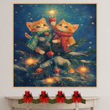 Christmas Kittens Canvas Wall Art – Orange Tabby Cats with Cocoa & Star in Snowy Tree – Holiday Décor Print with Ornaments and Cozy Scarves on Ready to Hang 1.5" Thick Canvas Wrap, Floating Framed Canvas, Flat Rolled Canvas
