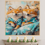 Charming Painting of Two Smiling Foxes or Wolves in Colorful Pajamas with Joyful Expressions Perfect for Nursery Kids Room or Animal Lover Gift on Ready to Hang 1.5" Thick Canvas Wrap, Floating Framed Canvas, Flat Rolled Canvas