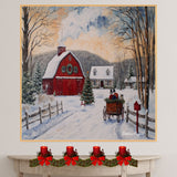 Festive Winter Scene with Red Barn, Snowy Cabin, Horse-Drawn Sleigh, Christmas Tree, and Cozy Countryside Charm on Ready to Hang 1.5" Thick Canvas Wrap, Floating Framed Canvas, Flat Rolled Canvas