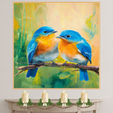 Charming Bluebird Pair Artwork Featuring Bright Blue and Orange Plumage Perched on a Branch with a Soft Green and Yellow Nature-Inspired Background on Ready to Hang 1.5" Thick Canvas Wrap, Floating Framed Canvas, Flat Rolled Canvas