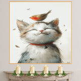 Adorable Painting of a Smiling Kitten with a Robin on Its Head and Red Collar Perfect for Whimsical Animal Decor or a Gift for Cat and Bird Lovers on Ready to Hang 1.5" Thick Canvas Wrap, Floating Framed Canvas, Flat Rolled Canvas