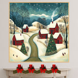 Christmas Folk Art Canvas Wall Art – Snowy Winter Scene with Red Houses, Decorated Tree & Rolling Hills – Rustic Holiday Home Décor Print on Ready to Hang 1.5" Thick Canvas Wrap, Floating Framed Canvas, Flat Rolled Canvas