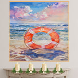 Watercolor Painting of a Life Ring on the Beach Framed by Waves and Colorful Sky with Nautical Anchor Design on Ready to Hang 1.5" Thick Canvas Wrap, Floating Framed Canvas, Flat Rolled Canvas
