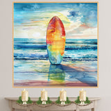 Watercolor Painting of a Multicolored Surfboard Reflecting Ocean Sunset on Shoreline with Vibrant Sky and Rolling Waves on Ready to Hang 1.5" Thick Canvas Wrap, Floating Framed Canvas, Flat Rolled Canvas