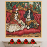 Royal Companions - Cavalier King Charles Spaniels Dressed in Elegant Victorian Attire on Cozy Couch on Ready to Hang 1.5" Thick Canvas Wrap, Floating Framed Canvas, Flat Rolled Canvas