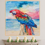 Vibrant Red Macaw Watercolor Painting with Colorful Feathers and Ocean Background on Ready to Hang 1.5" Thick Canvas Wrap, Floating Framed Canvas, Flat Rolled Canvas