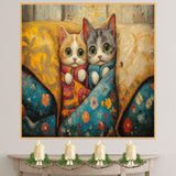 Painting of Two Cute Kittens Wrapped in Colorful Quilts Wearing Pajamas with Big Eyes Sitting on a Cozy Couch Surrounded by Pillows in a Warm Whimsical Setting on Ready to Hang 1.5" Thick Canvas Wrap, Floating Framed Canvas, Flat Rolled Canvas