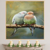 Charming Bird Couple Snuggled on Branch in Soft Pastel Tones with Forest Background Perfect for Romantic Ambiance and Nature Inspired Art Lovers on Ready to Hang 1.5" Thick Canvas Wrap, Floating Framed Canvas, Flat Rolled Canvas