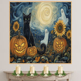 Starry Halloween Night – Black Cat, Pumpkin, and Ghosts Wall Art in Van Gogh Style on Ready to Hang 1.5" Thick Canvas Wrap, Floating Framed Canvas, Flat Rolled Canvas