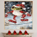 Whimsical Christmas Frog Ice Skating in Festive Red Outfit Cute Winter Animal Wall Art for Holiday Decor, Nursery, Kids Room, or Christmas Gift for Nature Lovers on Ready to Hang 1.5" Thick Canvas Wrap, Floating Framed Canvas, Flat Rolled Canvas