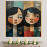 Moody Portrait of Two Girls Expressive Hand Painted Art Rustic Wood Texture Emotional and Thoughtful Wall Decor Perfect for Home Living Room or Office on Ready to Hang 1.5" Thick Canvas Wrap, Floating Framed Canvas, Flat Rolled Canvas