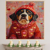 Cozy Heart: Bernese Mountain Dog in a Red Winter Jacket and Hat - Whimsical Seasonal Artwork on Ready to Hang 1.5" Thick Canvas Wrap, Floating Framed Canvas, Flat Rolled Canvas