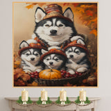 Autumn Charm: Siberian Husky Mom and Three Puppies in a Basket with Pumpkin and Grapes on Ready to Hang 1.5" Thick Canvas Wrap, Floating Framed Canvas, Flat Rolled Canvas