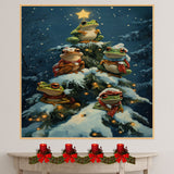 Christmas Wall Art Featuring Frogs in a Snowy Tree with Star Lights and Scarves Fun and Whimsical Holiday Animal Print for Winter Home Décor on Ready to Hang 1.5" Thick Canvas Wrap, Floating Framed Canvas, Flat Rolled Canvas
