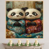 Adorable Painting of Two Happy Panda Bears in Floral Pajamas Sitting Together with Big Eyes and Gentle Smiles in a Soft Whimsical Style on Ready to Hang 1.5" Thick Canvas Wrap, Floating Framed Canvas, Flat Rolled Canvas