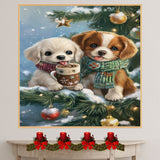 Two Baby Puppies in Scarves Sharing Hot Cocoa on Snowy Christmas Tree Branch with Ornaments and Lights Holiday Art Print for Nursery or Festive Decor on Ready to Hang 1.5" Thick Canvas Wrap, Floating Framed Canvas, Flat Rolled Canvas