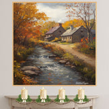 Quiet Waters – Fall Stream and Country Cottages on Ready to Hang 1.5" Thick Canvas Wrap, Floating Framed Canvas, Flat Rolled Canvas