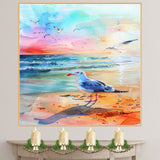 Vibrant Watercolor Seagull by Shoreline with Sunset Sky and Ocean Waves in a Peaceful Coastal Scene on Ready to Hang 1.5" Thick Canvas Wrap, Floating Framed Canvas, Flat Rolled Canvas