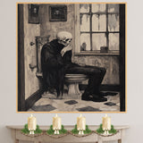 Gothic Skeleton Canvas – Grim Figure on Toilet in Victorian Bathroom with Dark Academia Aesthetic on Ready to Hang 1.5" Thick Canvas Wrap, Floating Framed Canvas, Flat Rolled Canvas