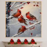 Festive Retro Painting of Four Red Cardinals on Snowy Berry Branches with Winter Background Perfect for Christmas Decor or Seasonal Bird Lover Gift on Ready to Hang 1.5" Thick Canvas Wrap, Floating Framed Canvas, Flat Rolled Canvas