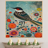 Whimsical Painting of a Colorful Bird with Dotted Feathers Standing Among Bright Abstract Flowers Ideal for Nature Lovers or Vibrant Home Accents on Ready to Hang 1.5" Thick Canvas Wrap, Floating Framed Canvas, Flat Rolled Canvas