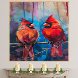 Two Red Cardinals on a Branch – Romantic Bird Painting in Soft Pastel and Rich Color Tones for Peaceful and Elegant Nature Scenes on Ready to Hang 1.5" Thick Canvas Wrap, Floating Framed Canvas, Flat Rolled Canvas