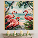 Tropical Flamingos on Beach with Palm Trees and Ocean Waves in Watercolor Illustration Art Print on Ready to Hang 1.5" Thick Canvas Wrap, Floating Framed Canvas, Flat Rolled Canvas