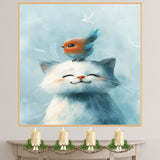 Smiling White Cat with Colorful Bird on Head Playful Animal Art for Kids Room Nursery and Cat Lovers Whimsical Gift for Animal and Nature Enthusiasts on Ready to Hang 1.5" Thick Canvas Wrap, Floating Framed Canvas, Flat Rolled Canvas