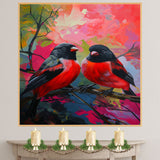 Pair of Red and Black Birds in Abstract Nature Scene – Vivid Modern Painting with Colorful Background Expressing Energy, Contrast, and Harmony in Nature on Ready to Hang 1.5" Thick Canvas Wrap, Floating Framed Canvas, Flat Rolled Canvas