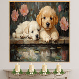 Puppies with Roses by the Pond – Romantic Dog Wall Art on Ready to Hang 1.5" Thick Canvas Wrap, Floating Framed Canvas, Flat Rolled Canvas